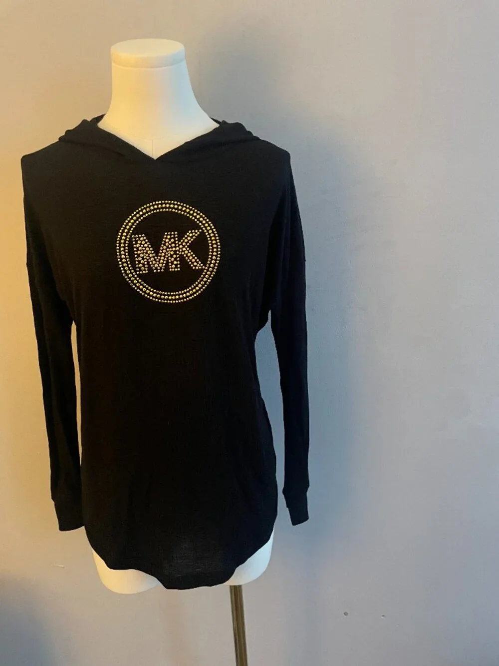 Michael Kors Black Hooded Long Sleeve Top Embellished Logo Size S